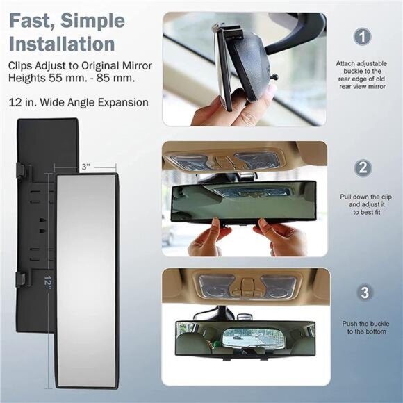 Universal Panoramic 12-Inch Rear View Mirror, Anti-Glare Wide Angle Car Mirror - Picture 4 of 7